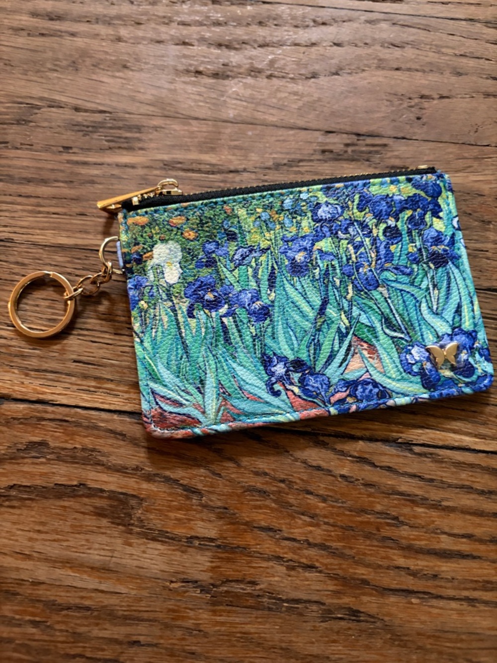 Floral Iris Print Zip Card Wallet with Keyring - Blue Green